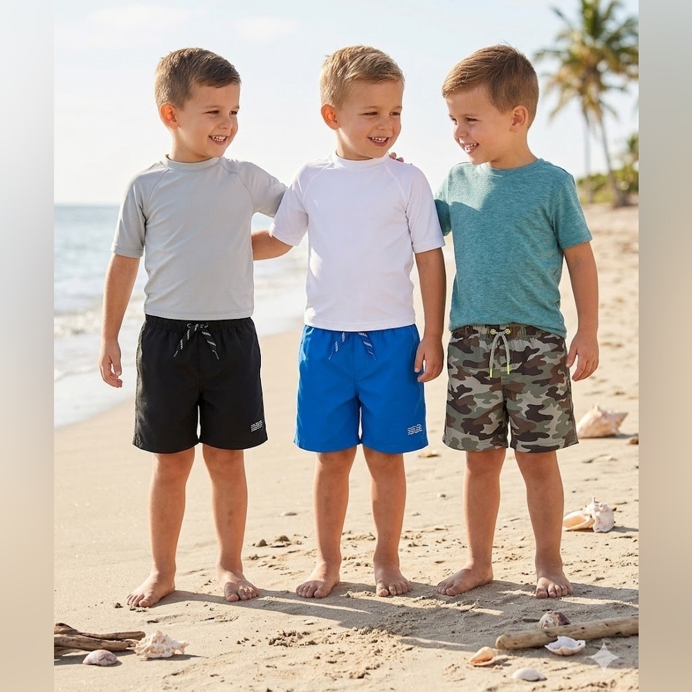 Wonder Nation Boys Swim Trunks Set in Black, Blue, and Green Camo